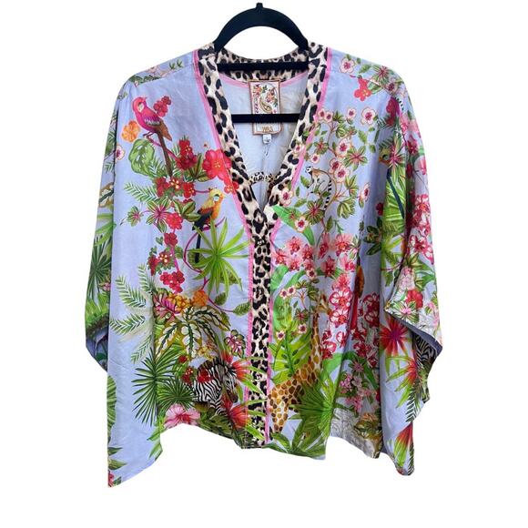 Johnny Was NWT Akoni Silk Floral Bird Leopard Blouse Button Down Sz S Dolman Slv - Picture 1 of 5